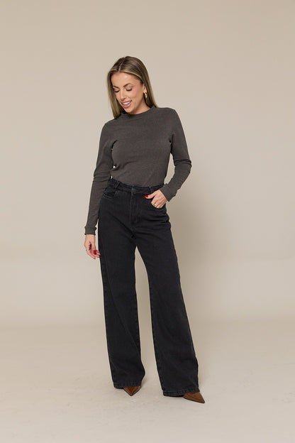 Calça Feminina Wide Leg Glenda Preto Estonado